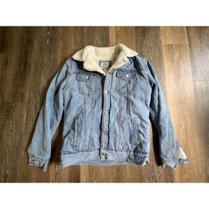 FASHION Denim Trucker Jacket Mens L Light Wash Good Sherpa Lined Jean Coat